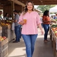 thumbnail image 3 of Blusas de mujer de tallas grandes Agnes Orinda con puntos de alfiler, escote en V, volantes, manga corta, tops bohemios de primavera y verano 1X rosa, 3 of 8