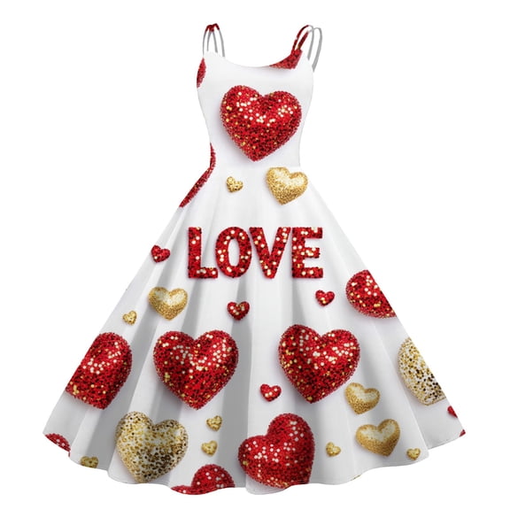 LWavelet 2026 Valentine's Romantic Shiny Sequin Dress for Women, Spaghetti Strap Heart & LOVE Lettering Fitted Waist Flared Sundresses Red M
