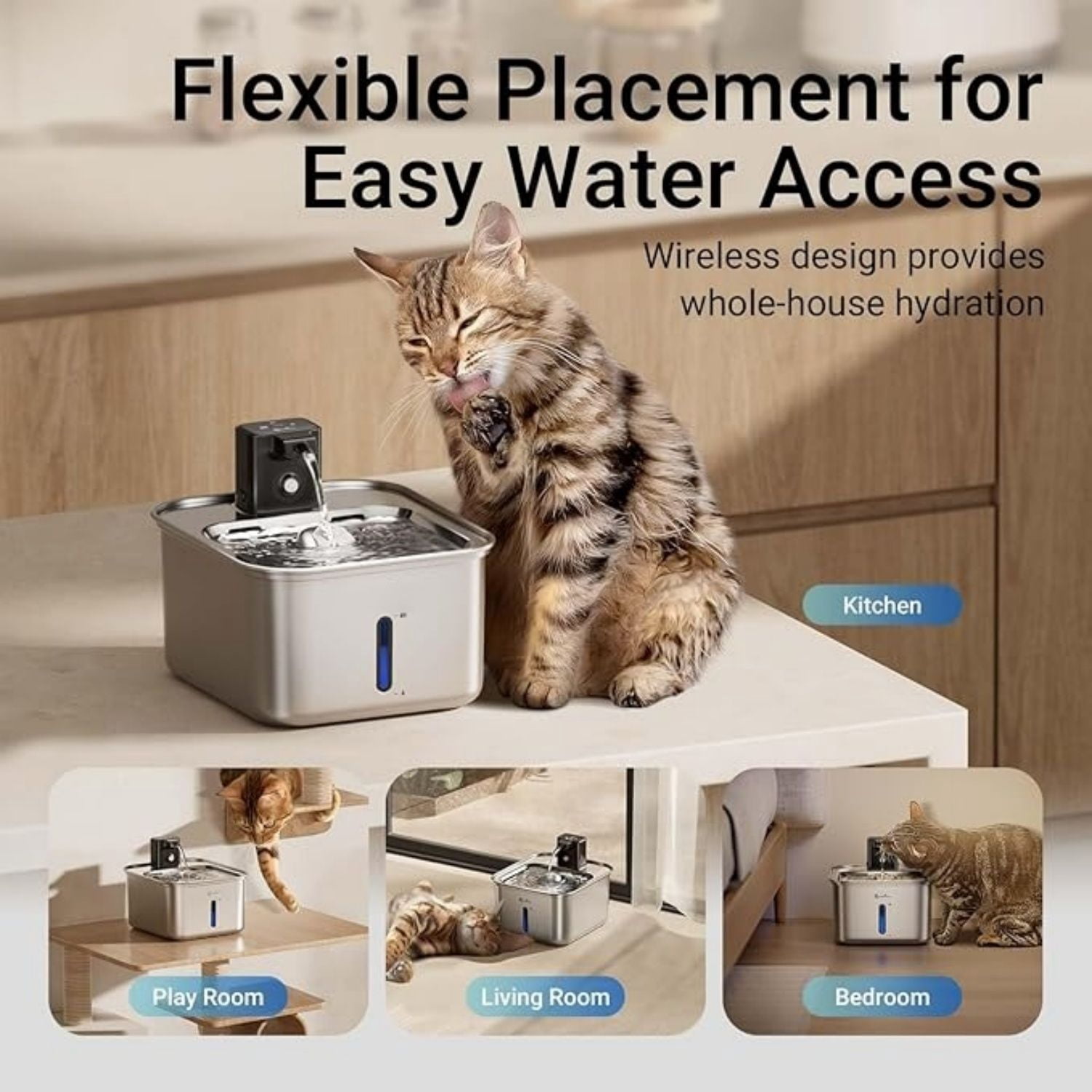 Cat Water Fountain Stainless Steel Wireless, 101 oz/3L FurSink Cordless Water Fountain for Cats, Battery Operated Cat Fountains for Drinking with Motion Sensor, Easy Clean, Metal