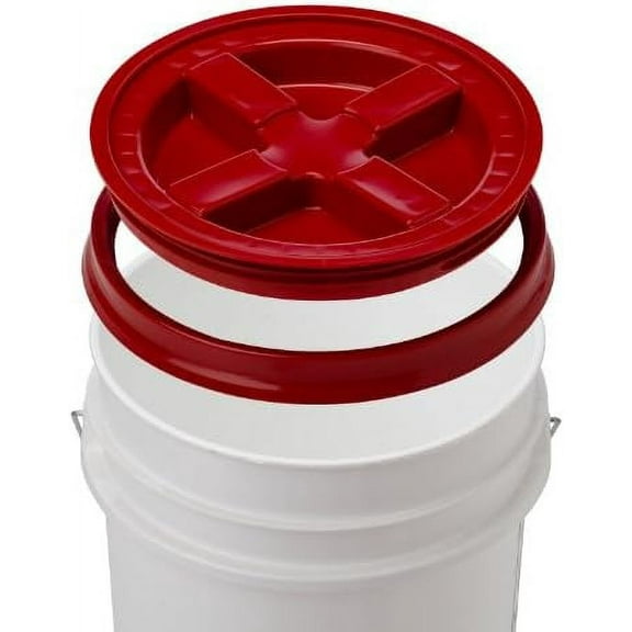 5 Gallon White Bucket & Lid - Food Grade Plastic Pail & Gamma2 Screw Seal Tight Lid (Red)