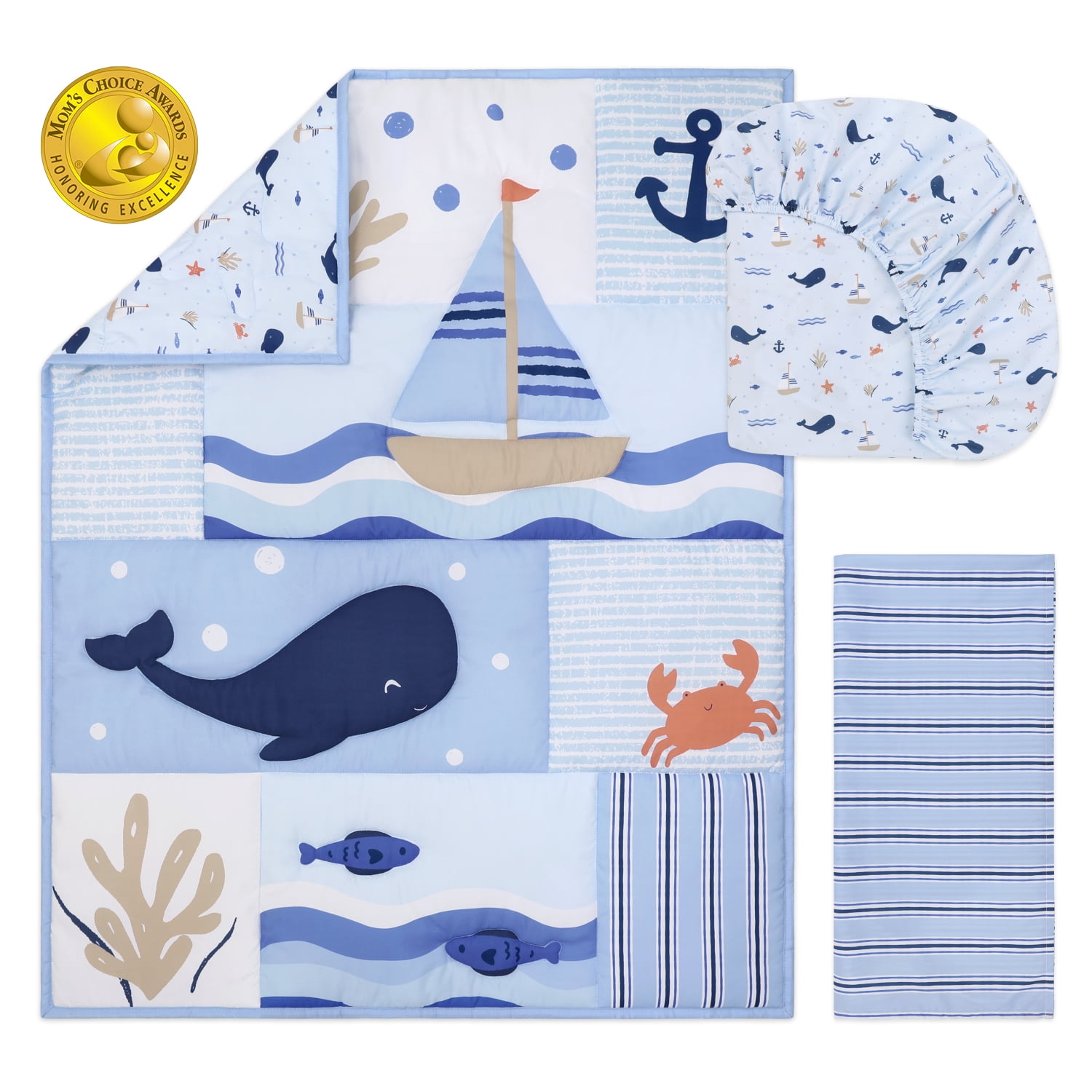 The Peanutshell Nautical Patch 3-Piece Baby Crib Bedding Set with Quilt Blanket, Crib Sheet, and Skirt