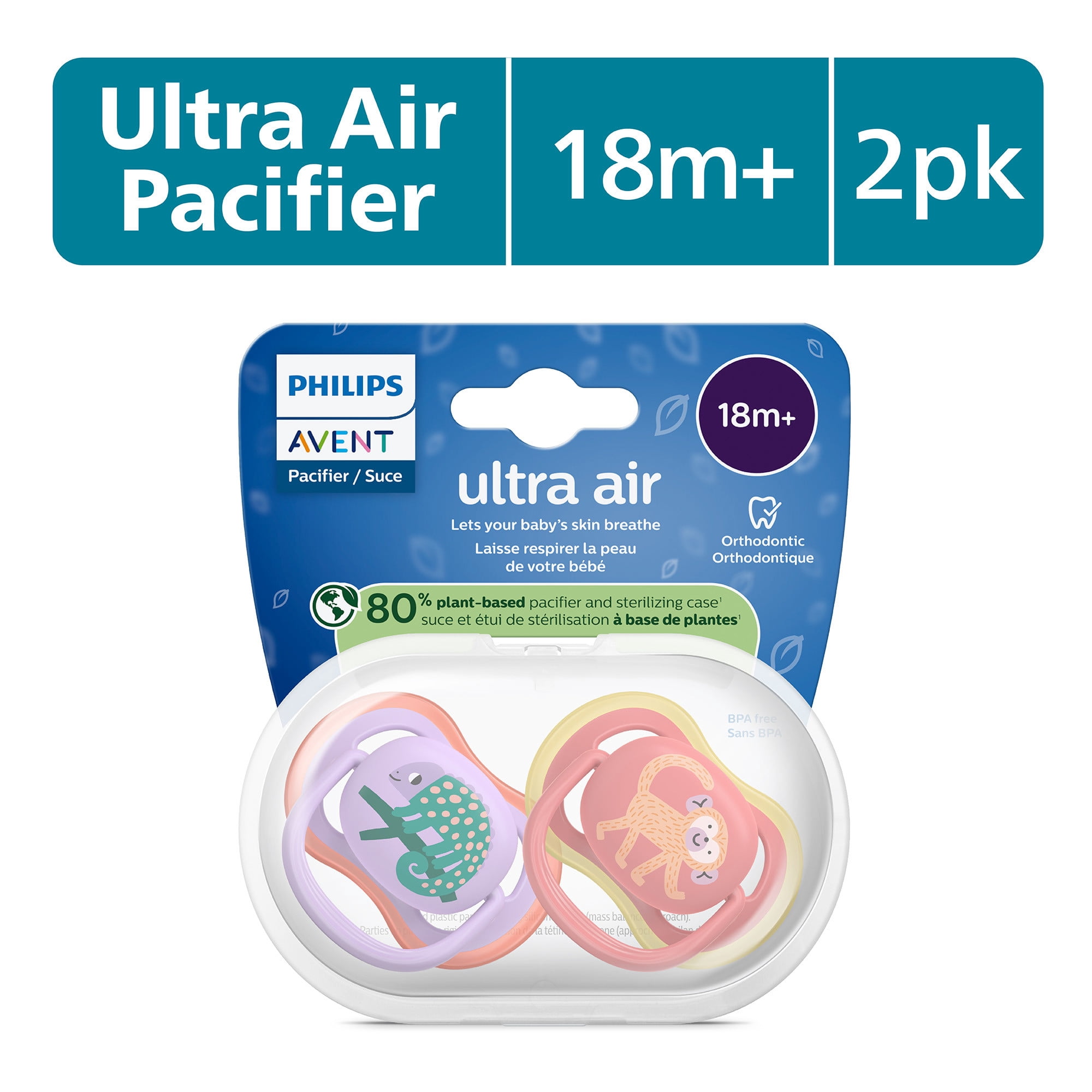 (4 pack) Philips Avent Ultra Air Pacifier 18M+, Chameleon / Monkey, 2 Pack, SCF349/47