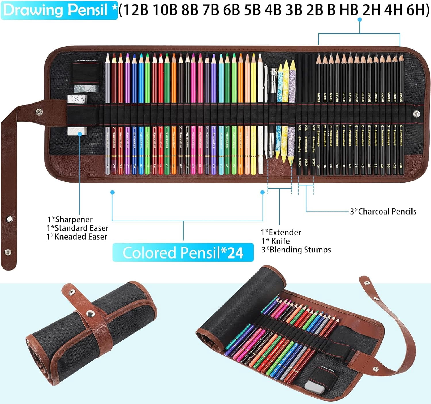 Sketch & Drawing Art Pencil Kit 52 Piece Set, 24 Color Pencil for Coloring Books, Pencil of Graphite & charcoal, 3-color Sketchbook, coloring book Etc, Art Supply Ideal for Adult Student Beginner
