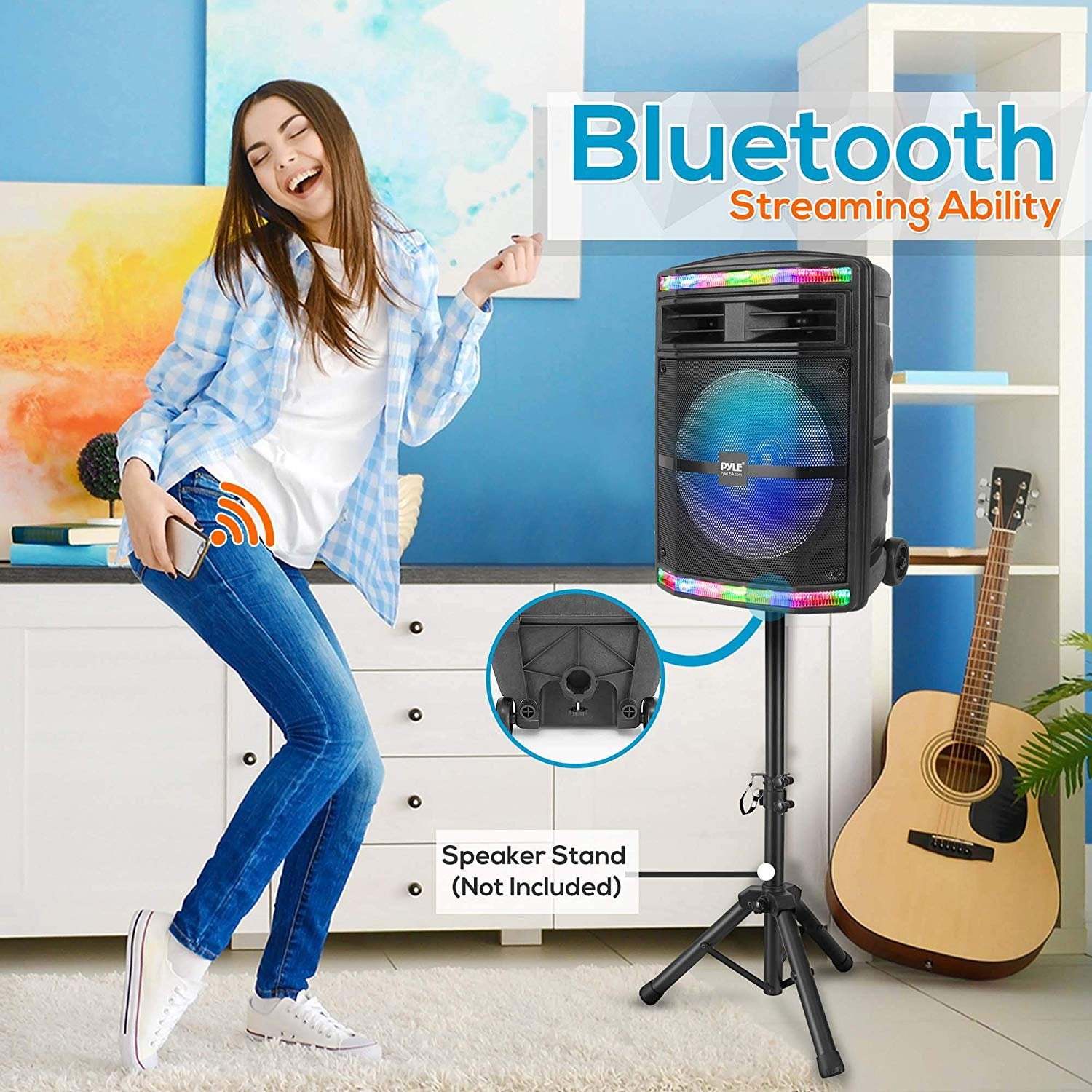 Pyle PPHP1044B - PA Speaker System - Portable Indoor / Outdoor Loudspeaker with , Flashing Party Lights, MP3/USB/Micro SD Readers, FM Radio (10’’ Subwoofer, 600 Watt)