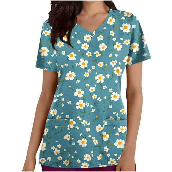 Hvyesh Womens Nursing Scrub Tops Printed Working Uniform Short Sleeve V-Neck Workwear Blouse T-shirt with Pockets Womens Scrubs Summer