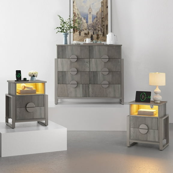 LGHM 3 Piece Bedroom Dresser and Nightstand Set, Fluted 8 Drawer Double Dresser, 2 Pcs Bed Side Tables End Table with LED Lights for Living Room, Gray