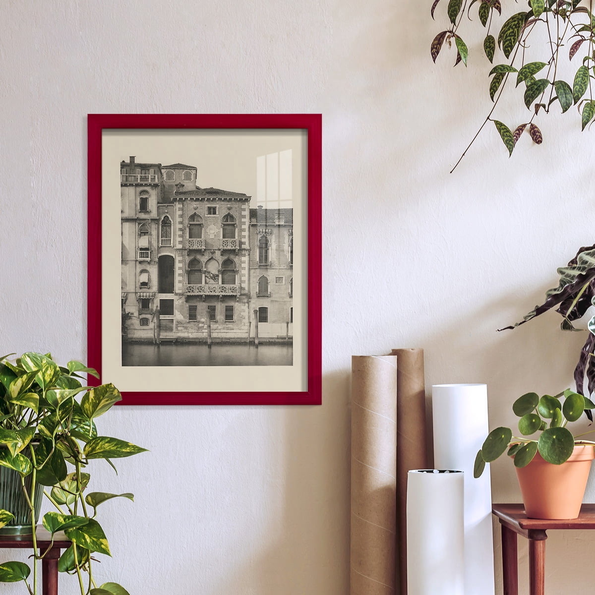 Vintage Views of Venice III - Framed Print w/glass - Cherry Red