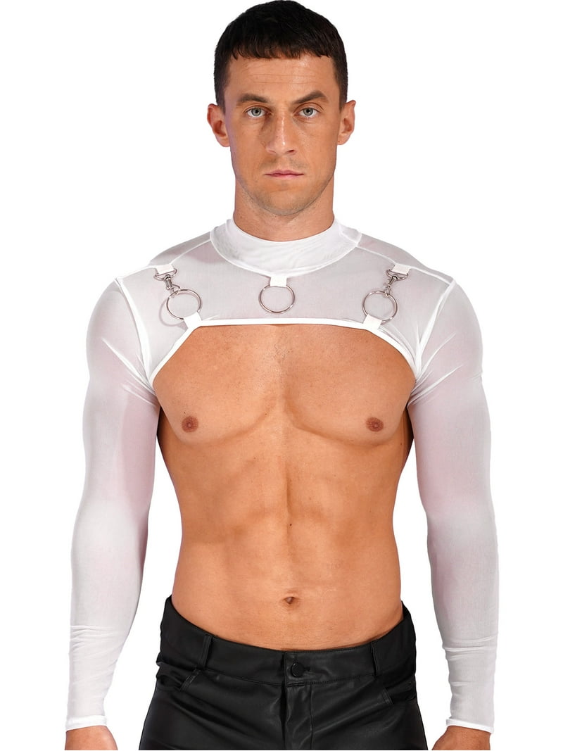 2XL ✨ RUFFLOG MESH SPONSORED MOCK TEE Doomiva Men See-Through Mesh Half Crop Top Long Sleeve O