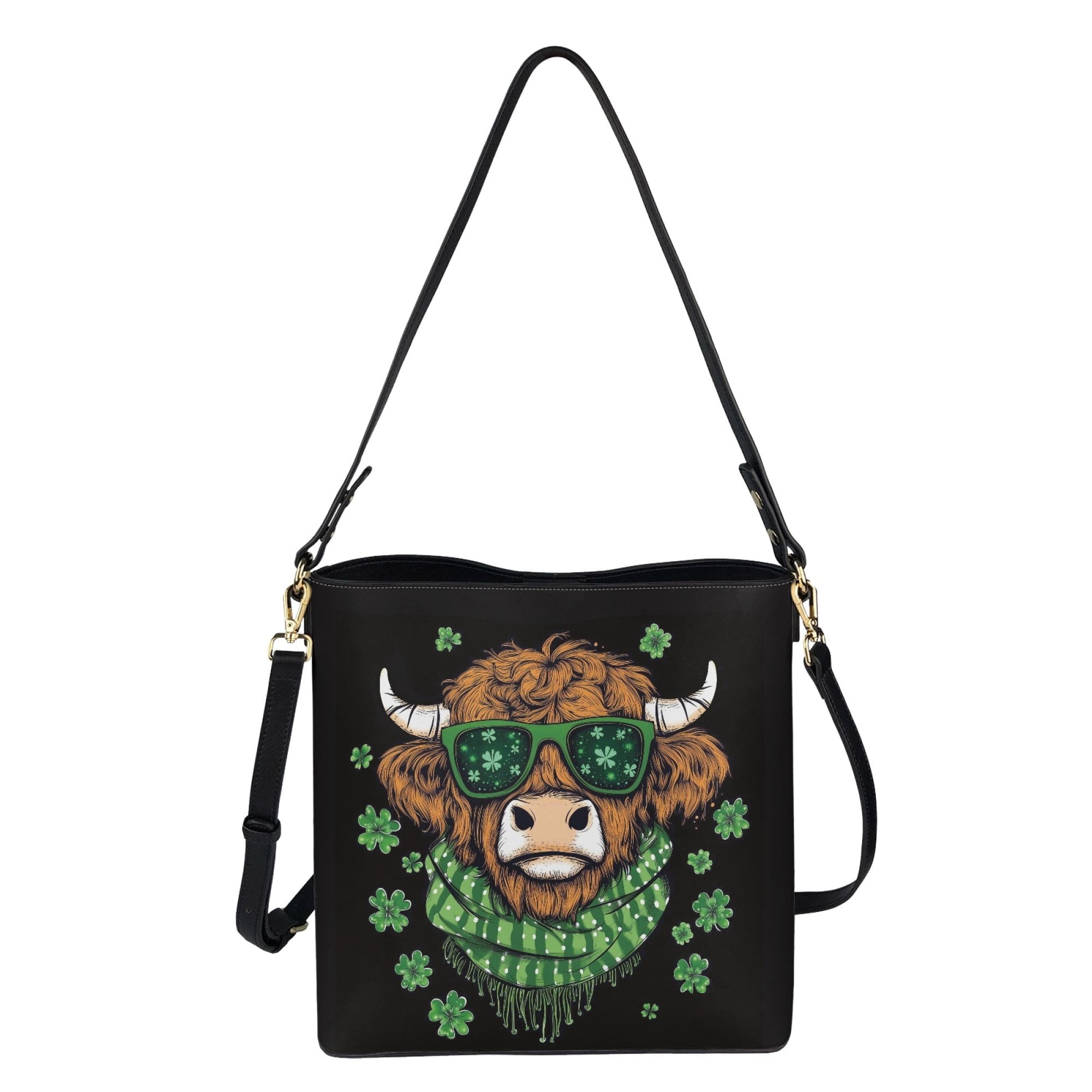 Kuiaobaty Highland Cow Print Bucket Crossbody Bag for Women Shamrock Print Leather Hobo Satchel Purse Crossbody Waterproof Bucket Tote Bag Handbag with Adjustable Strap for St Patrick's Day