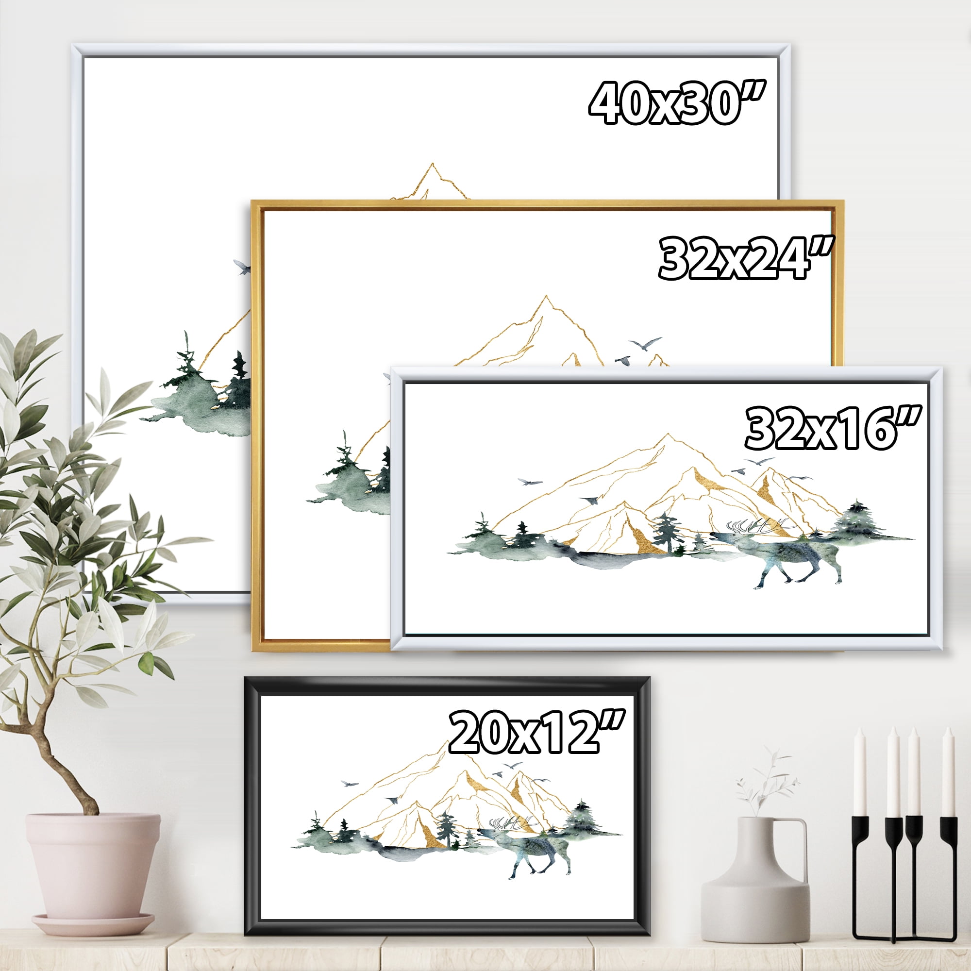 Minimalistic Landscape of Forest Deer and Mountains 32 in x 16 in Framed Painting Canvas Art Print, by Designart