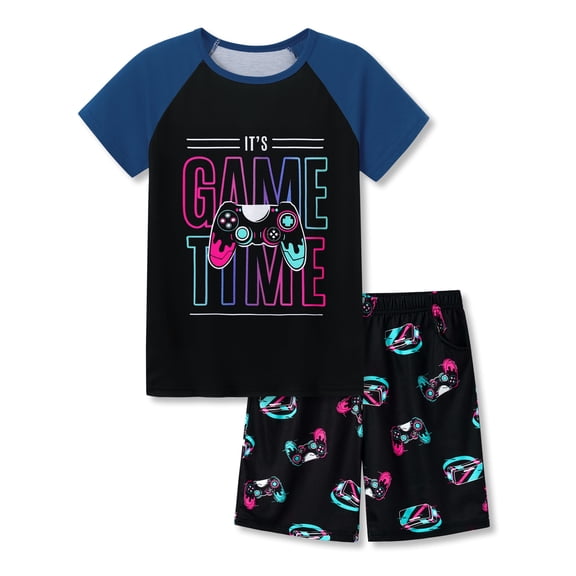 Beezizac Boys Summer Pajama Set, 2-Piece Fun VR Controller PJs‌ - Short Sleeves & Shorts Soft Sleepwear Size 10