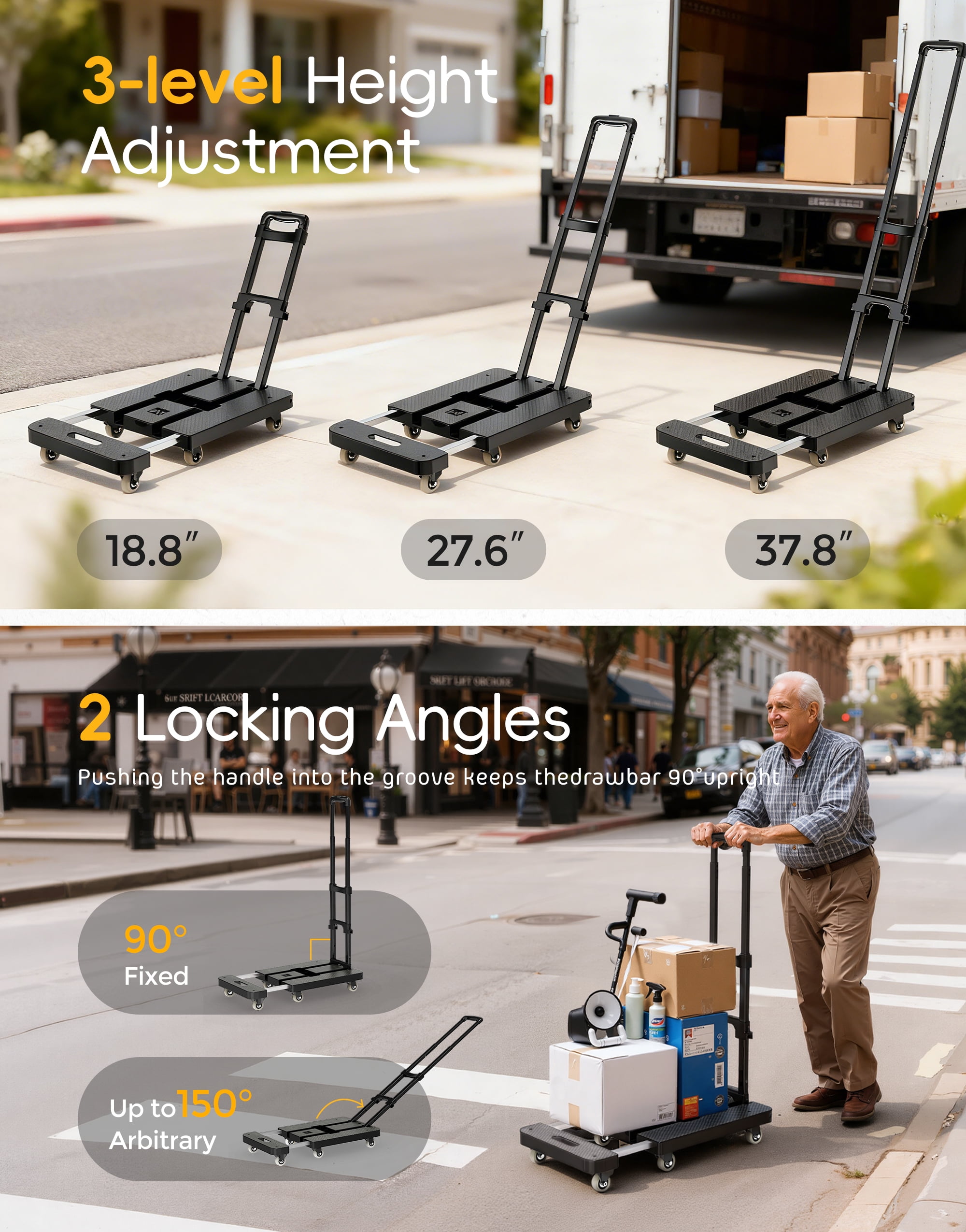M BUDER Folding Hand Truck, 440 LBS Heavy Duty Dolly Cart, Utility Platform Cart with 7 Wheels for Travel, House, Office, Shopping, Moving Use Black Folded