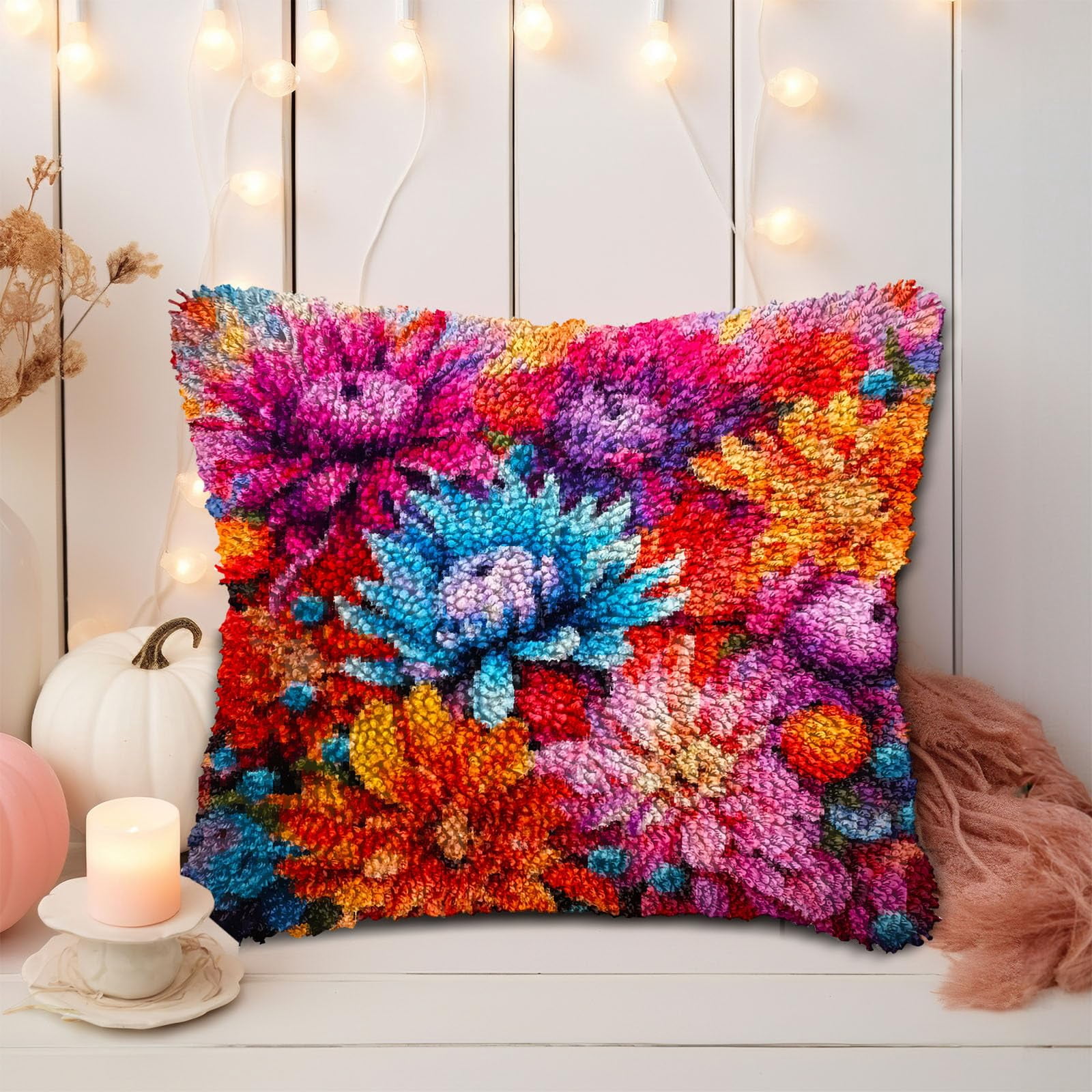 Colorful Beautiful Flower Chrysanthemum DIY Latch Hook Pillow Kits for Adults Printed Pillowcase Crochet Yarns Hooking Handmade Pillow Cover Cushion for Home Sofa Decoration 17x17inch