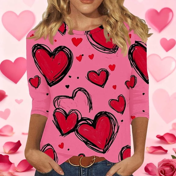YTCAMLO Valentines Day Shirts for Women Casual Fashion Heart Graphic 3/4 Sleeve T Shirts Oversized Crew Neck Going out Tops Lightweight Fall Outfits