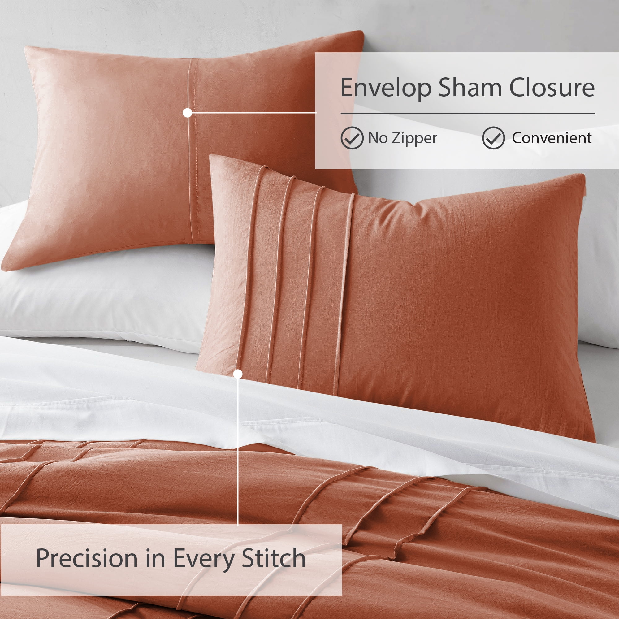 Regency Heights Full/Queen Comforter Set, Boho 3-Piece Pintuck Stitching Bedding Set, Soft Washed Pleated Bed Sets with Pillow Shams, Burnt Orange