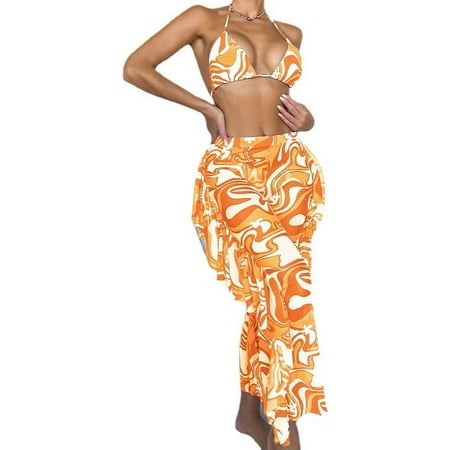 DanceeMangoos Women s Tie Dye Triangle Bikini Set Halter Bathing Suits with Sheer Mesh Cover Up 3 Piece Swimsuits