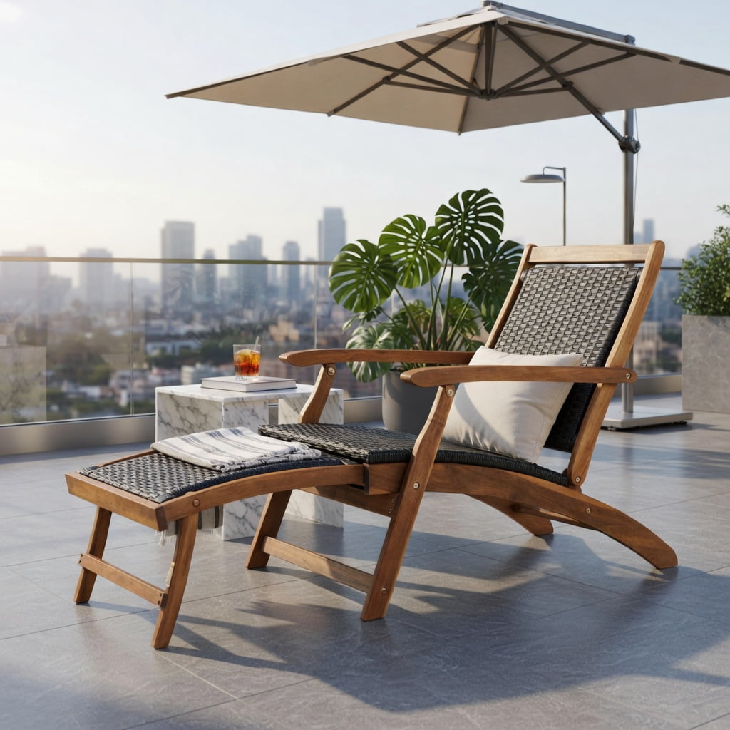 Hommoo Foldable Rattan Lounge Chair with Acacia Wood Frame, Retractable Footrest, Rustic Patio & Backyard Seating for Poolside, Garden, Deck, Brown