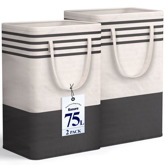Kitsure Laundry Hamper, Collapsible Laundry Baskets, CLothes Hamper with Handles, 2-Pack, 15.7" x 11.3" x 24.0", Black