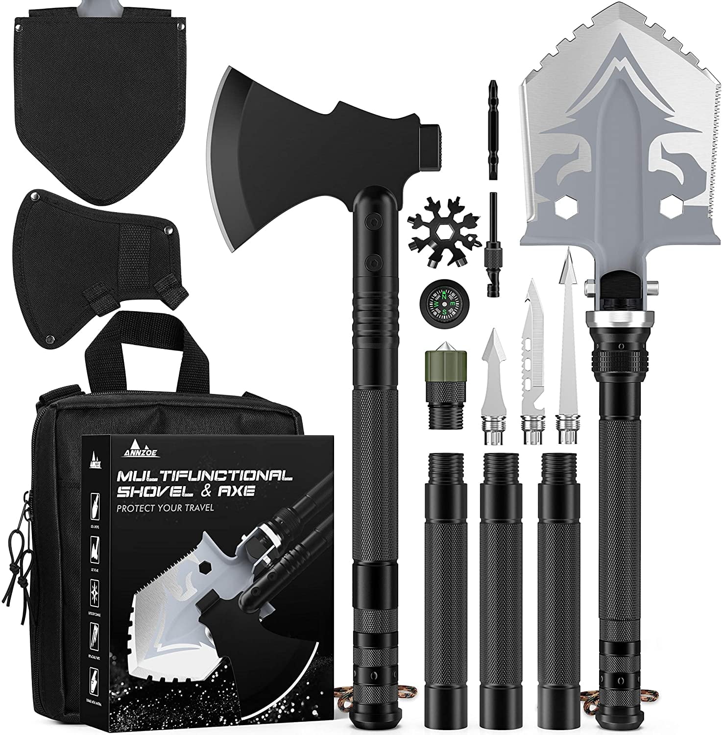 Folding Survival Shovel Axe Gear Kit Outdoor Military Tactical Multi Tools Set 