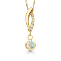 Gem Stone King 14K Yellow Gold Simulated White Opal and Lab Grown Diamond Pendant Necklace for Women | 0.28 Cttw | Gemstone October Birthstone | Round Cabochon 4MM | With 18 inch Chain