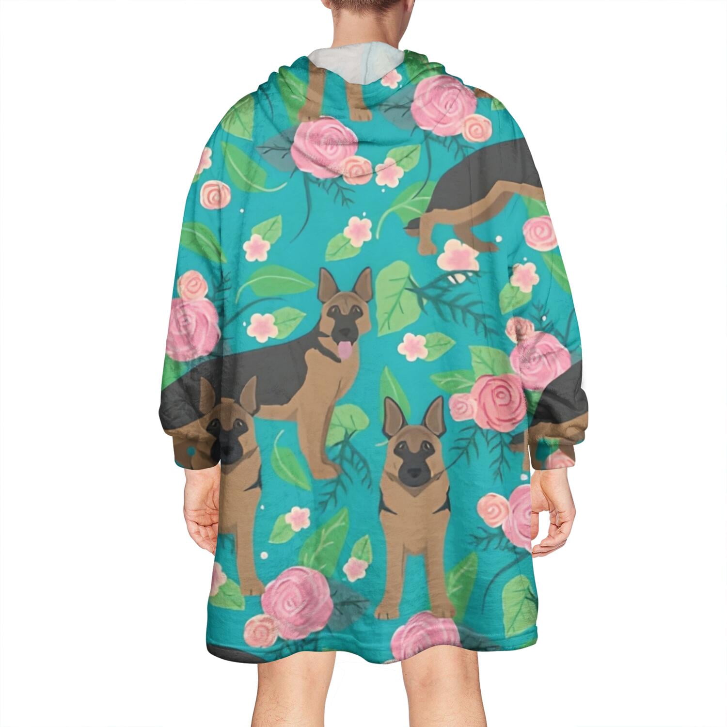 German Shepherd Dog and Flower Wearable Oversized Blanket,Wearable Blanket Hoodie for Adults,Cozy Hooded Blankets with Super Pockets,Super Warm Fuzzy Pullover for Women & Men