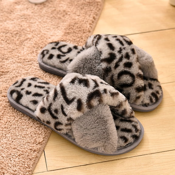 OULII Grey Woman Fashion Slipper Open Toe Plush Breathable Home Shoes for Winter Wear