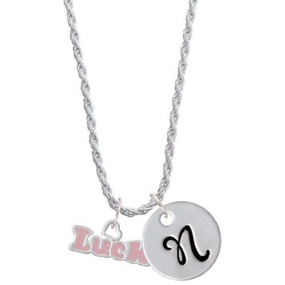 Delight Jewelry Pink ''Luck'' with Heart Silvertone Script Initial Disc - N - Charm Necklace, 20"+3"