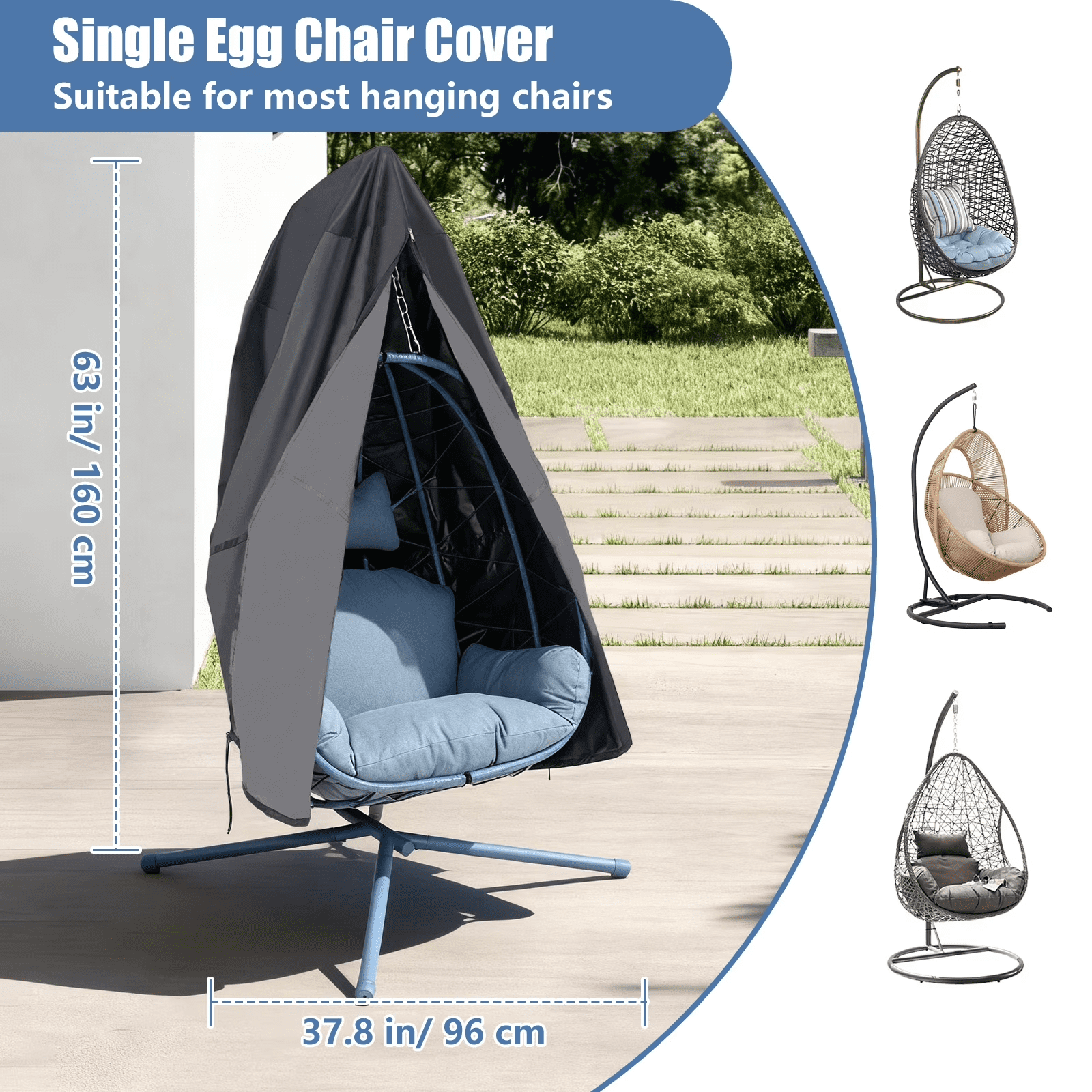 Waterproof Single Egg Chair Cover, Heavy Duty 420D Oxford Hanging Swing Chair Cover with Zipper, Buckle & Drawstring, Windproof Weather Resistant Outdoor Patio Furniture Protector