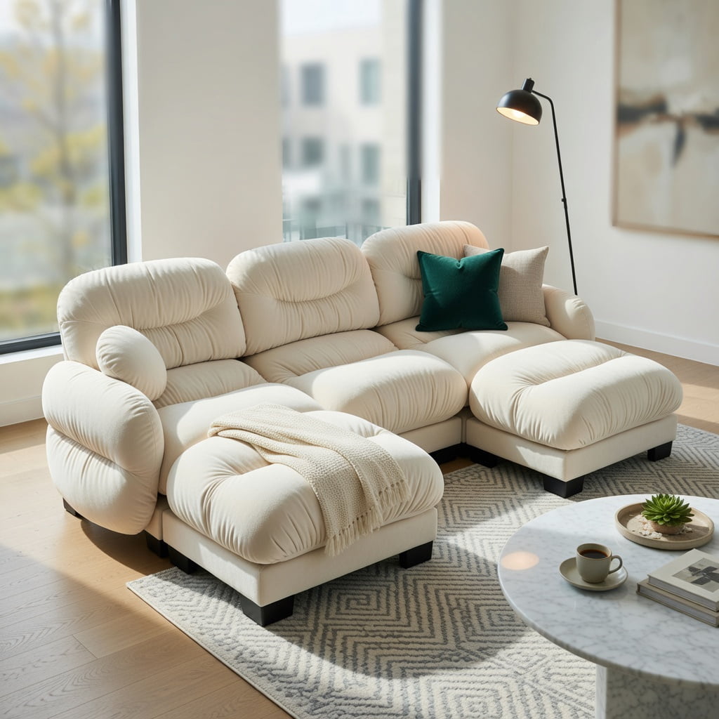 Hommoo Chenille U-Shaped Modular Sectional Sofa with Ergonomic Foam, Pleated Back Design, 3-Seat + 2 Ottomans + 2 Throw Pillows, Soft Cloud-Like Comfort, Beige