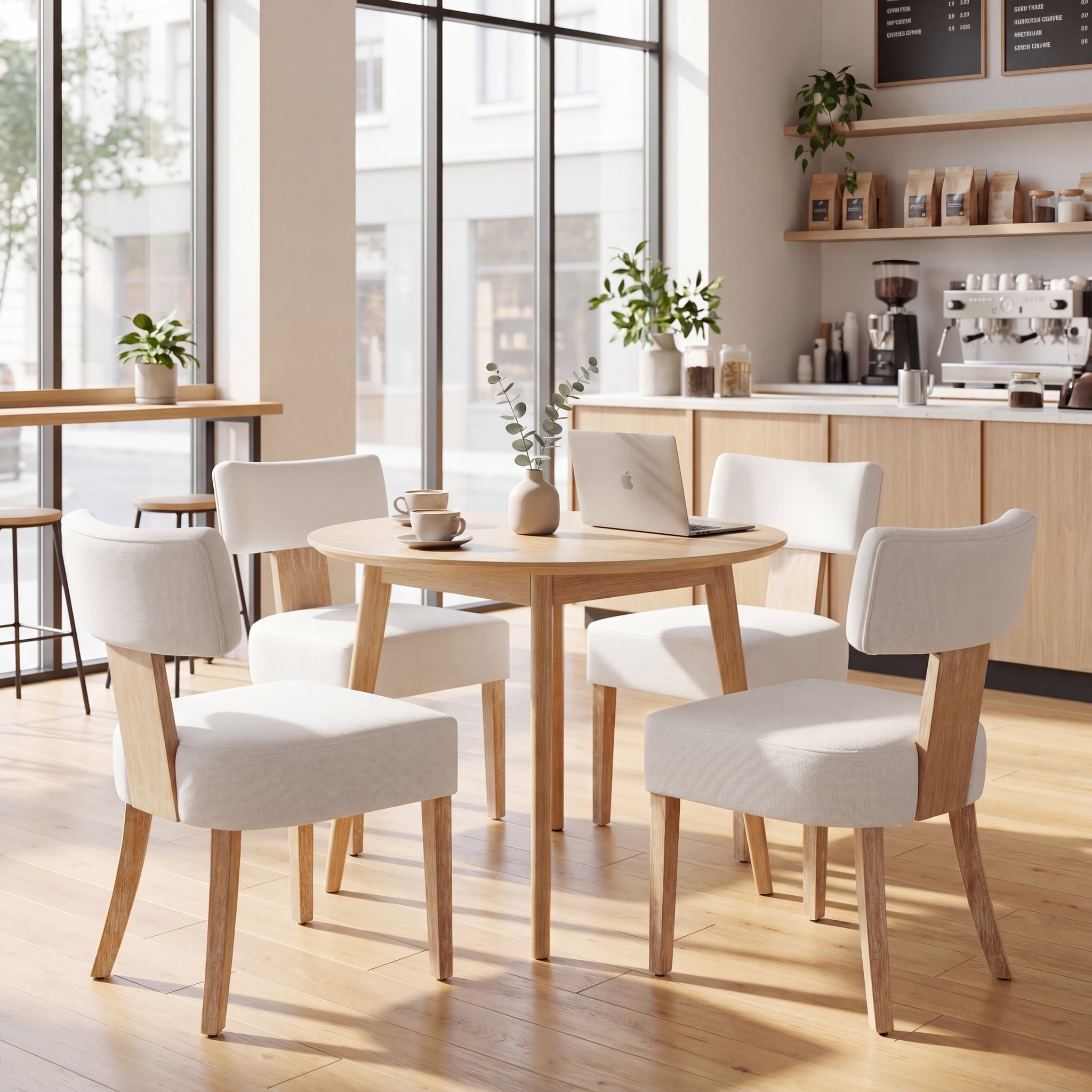 Prilinex Upholstered Dining Chairs Set of 4, Farmhouse Kitchen Side Chairs with Curved Backrests & Wider Cushion, Solid Wood Legs, Mid Century Modern for Dining Room Restaurant Home, Beige