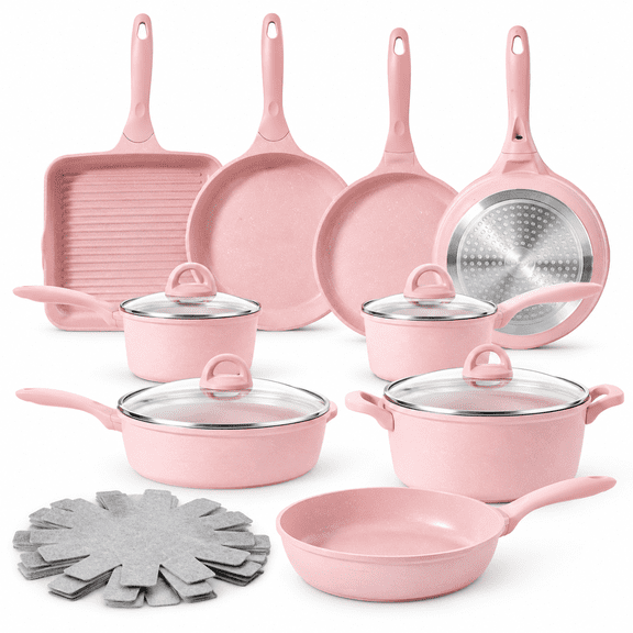 Pink Pots and Pans Set Nonstick 23pcs, Healthy Kitchen Cookware Sets