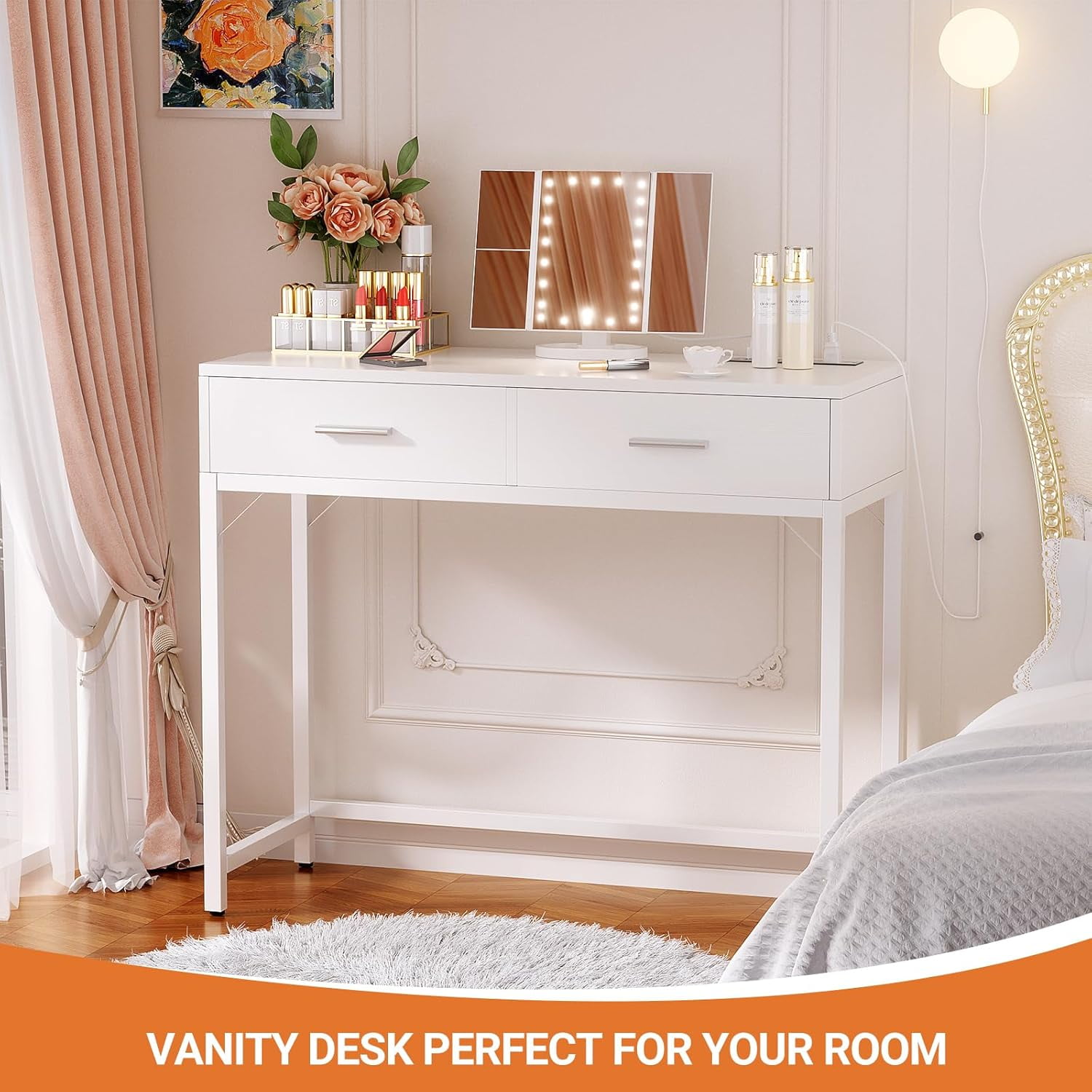 White Makeup Vanity Desk with Foldable LED Mirror, 3 Brightness Modes, 3 Magnification Levels, Built-in Power Outlet, and 2 Drawers, 36" Wide