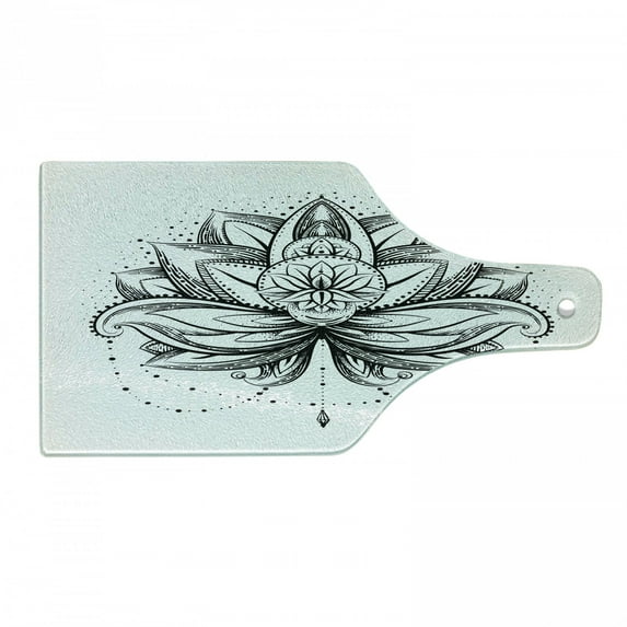Lotus Cutting Board, Tattoo Style Petal Dots Shadow Ornamental Ethnic Monochrome Form, Decorative Tempered Glass Cutting and Serving Board, Wine Bottle Shape, Seal Brown White, by Ambesonne