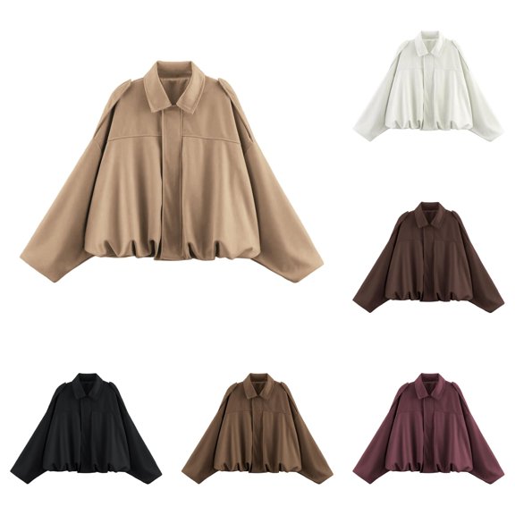 Unir Casual Suede Bomber Jacket for Women, Turn-Down Collar Long Sleeve, Elastic Hem Relaxed Fit Everyday Outerwear, 1 Piece, S-L