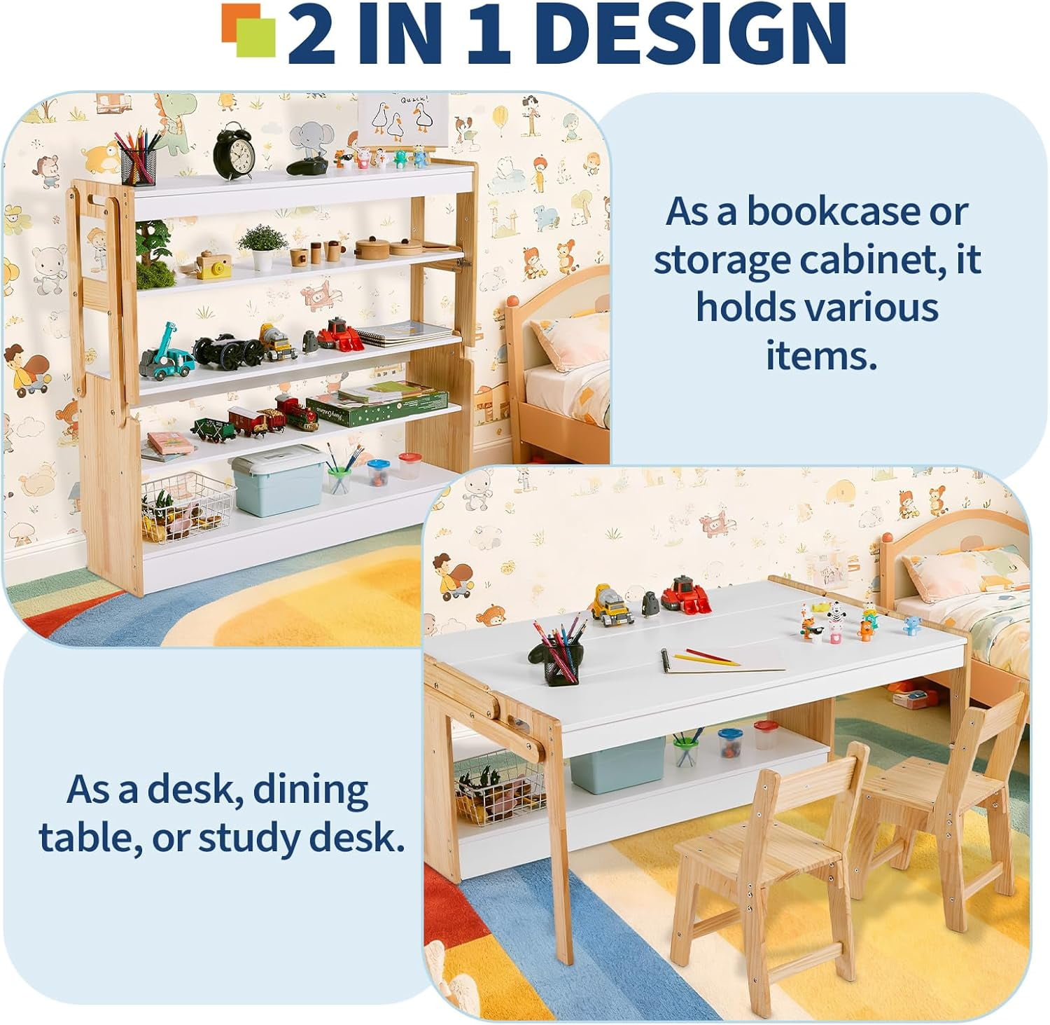 Garvee Kids Art Table with 2 Chairs Set, 47.2IN Convertible Toddler Activity Table to Storage Shelves, Craft Play Desk for Kids with 3 Storage Box, Toddler Table and Chair Set for Playrooms