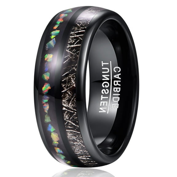 8mm Mens Black Tungsten Rings Inlaid with Imitated Meteorite Crushed Opal Polished Finish Comfort Fit Size 7-12