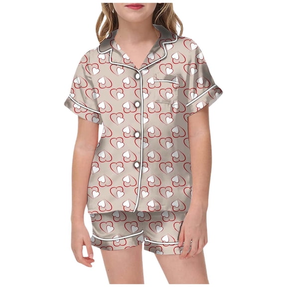 Girls Satin Pajamas Valentines Day Pajama Short Sleeve Heart Button Down Nightwear 8-9 Years Pajamas Boy