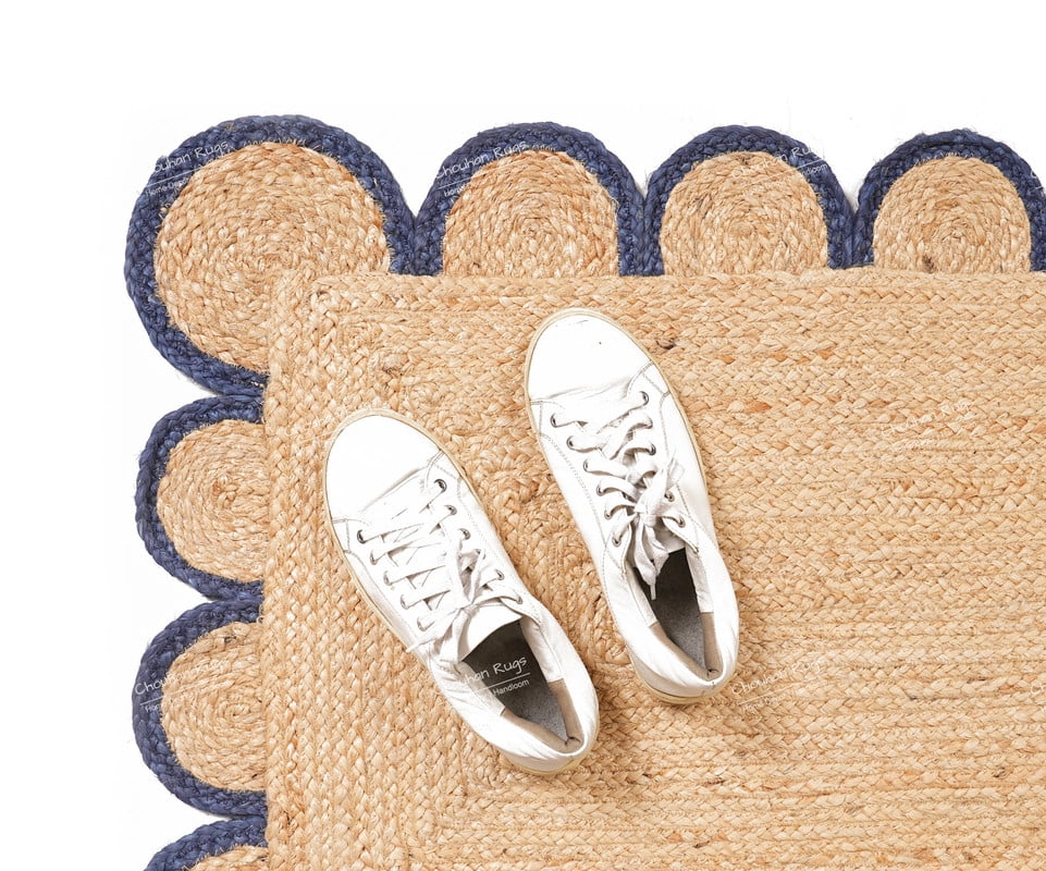 Rectangle Rug Natural Jute Rug Hand Braided Beige and Light Nevy Blue Color Area Rug