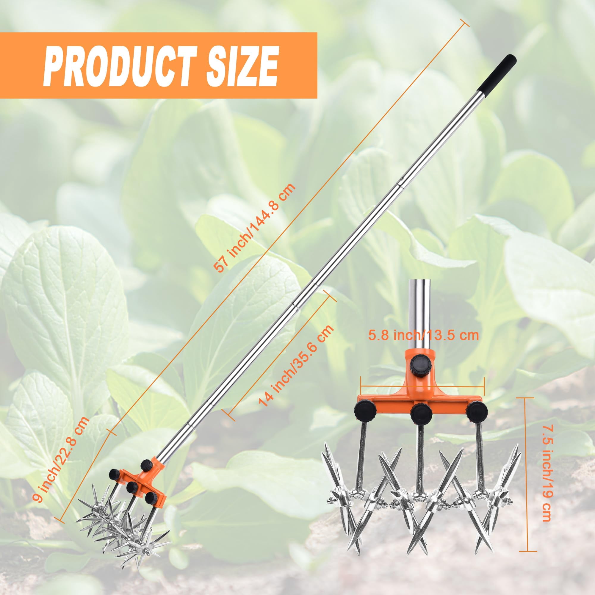 Rotary Cultivator Garden Tiller Adjustable Stainless Steel Poles Hand For Soil Mixing Or Reseeding Grass Lawn Total Length 57 Inch