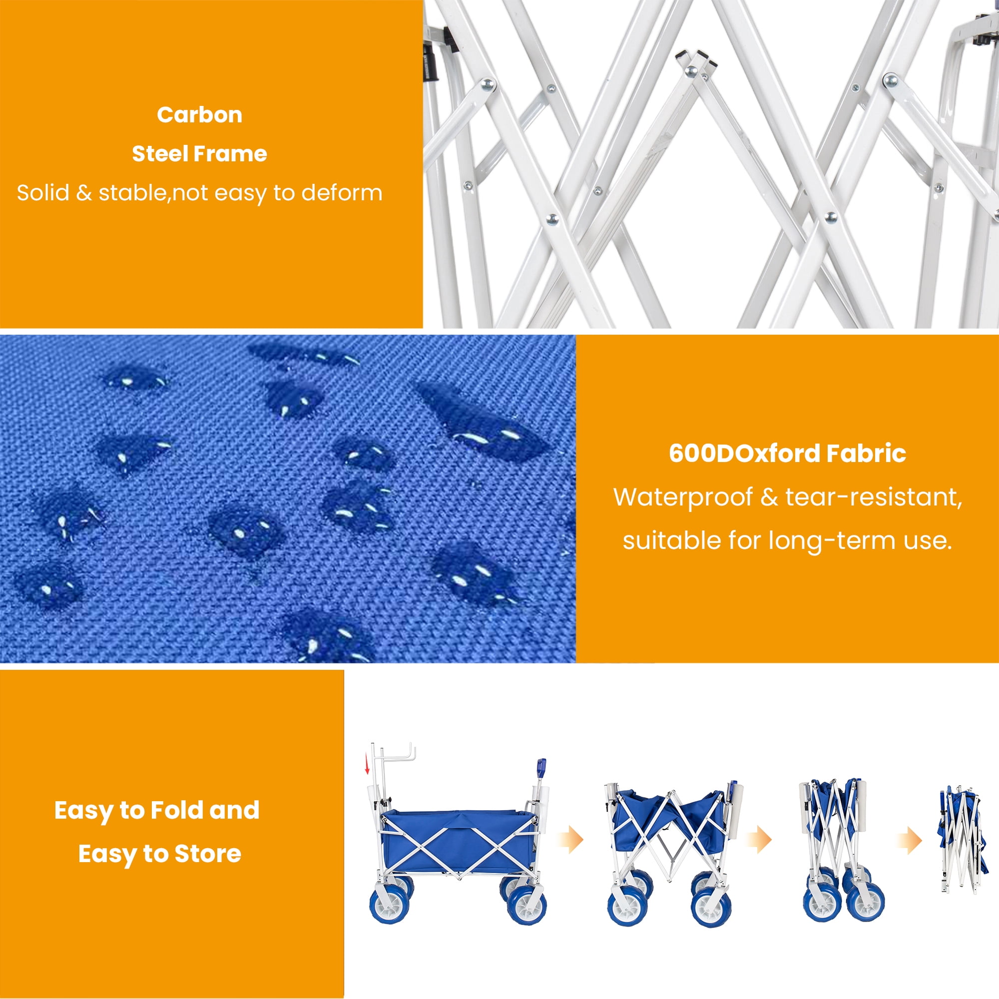 Beach Wagon Cart Chair Racks Fishing Rod Holders 9 Inch All-Terrain Wheels 500lbs Heavy Duty Collapsible Removable Cooler Storage Bags Beach Camping Fishing Garden Outdoor Sports Blue