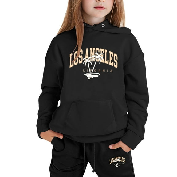 Girl Hooded Sweatshirt Set Los Angeles Printed Long-Sleeve Girls' Active Sweatsuit Letter Printed Comfortable Girls Clothes with Pocket,Black,18-24 Months