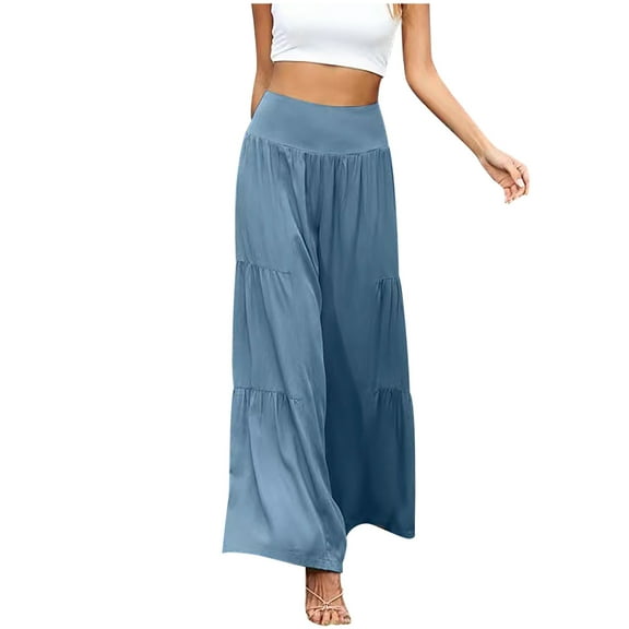 Bigersell Cute Distressed Pants Full Length Women's Fashion Casual High Waist Elastic Waist Solid Color Ruffle Wide Leg Long Pants Baggy Jumpsuits for Ladies