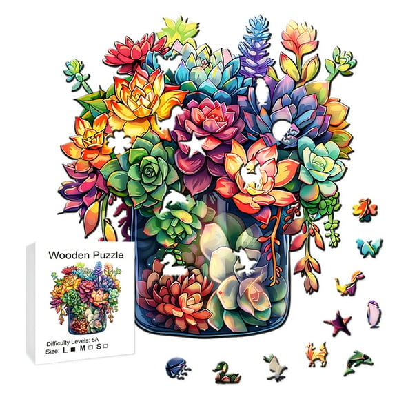 Wooden Irregular Shape Puzzle | Succulent Original Design Adult & Family Jigsaw, Valentine's & Mother's Day Creative Gift Box – Unique Decor for Home Interaction