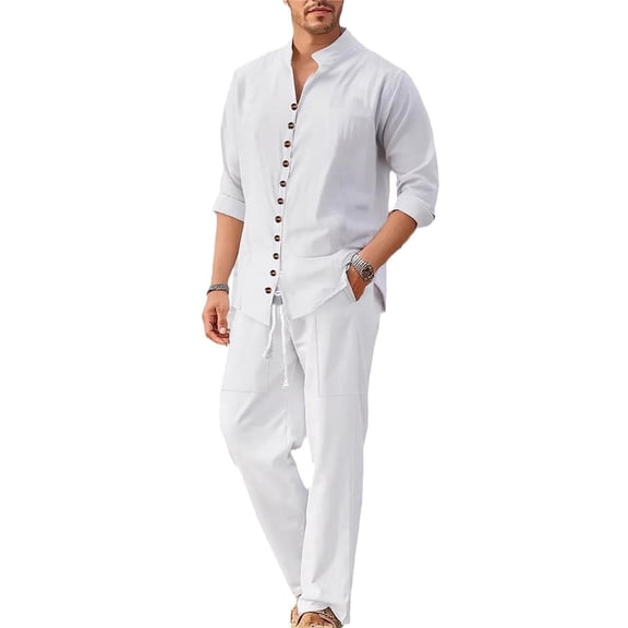 BTDECLAR Men 2 Piece Cotton Linen Set Outfits Casual Drawstring Long Pants Roll Up Sleeve Button Down Shirts Lightweight Summer Beach Sets
