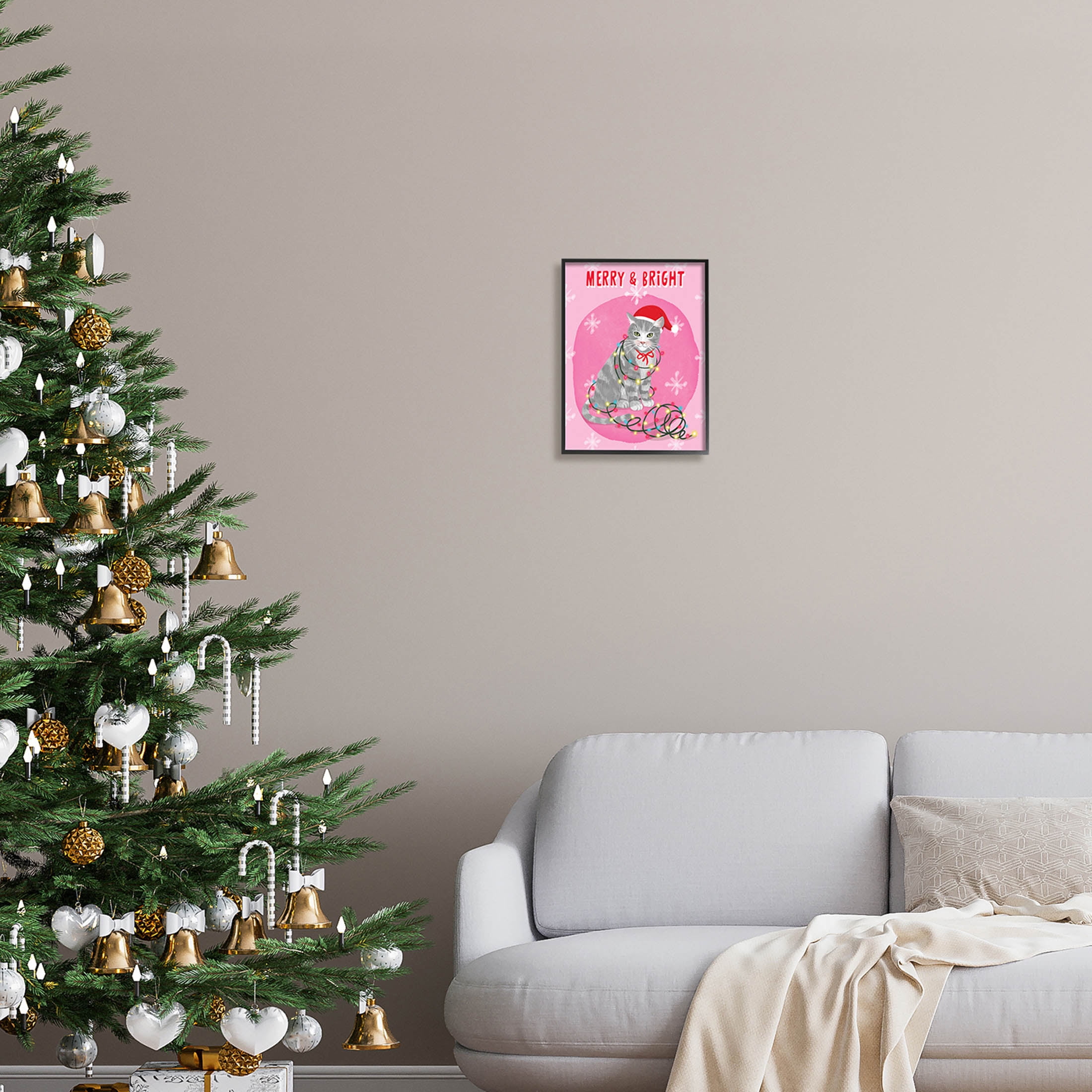 Merry & Bright Christmas Cat Holiday Graphic Art Black Framed Art Print Wall Art