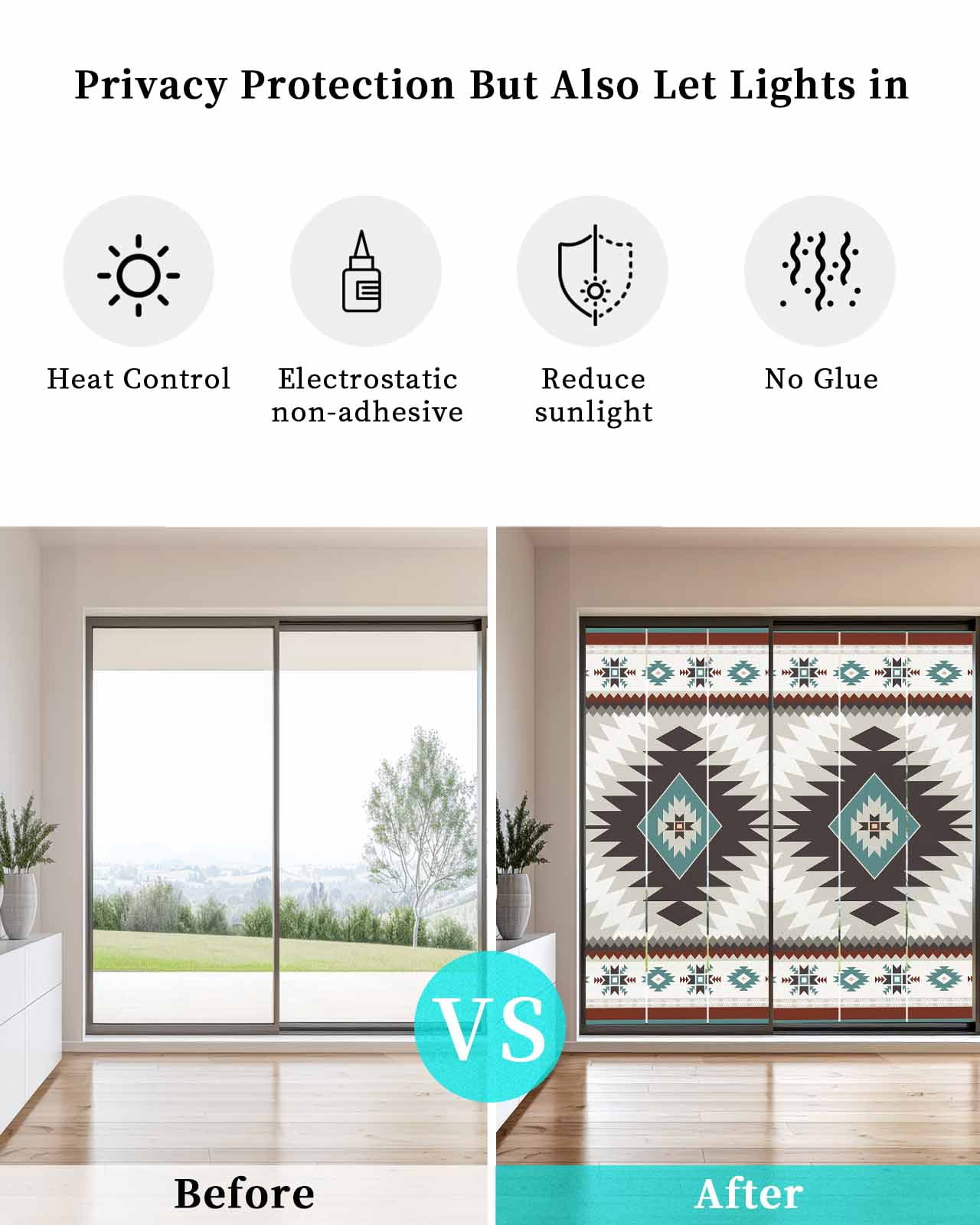 Window Privacy Film Turquoise Gray Boho Stained Glass Window Film Decorative Sun Block Window Cover Southwestern Ethnic Geometric Window Clings Static Adhesive Sticker for Bathroom 19.6"x39.3"