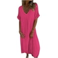 thumbnail image 2 of mfyjkho Vestidos para mujer, Vestido informal de lino para mujer, de primavera y verano, con falda fina y suelta, manga corta, escote en V, color liso Vestidos festivos para mujer s, 2 of 8