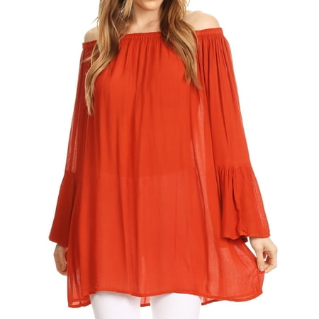 Boho 1 Sakkas Anna Casual Flowy Wide Neck 3/4 Sleeve Light Summer Boho Blouse Top - Rust Orange - One Size Regular ()