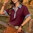thumbnail image 5 of Miluxas Women's Summer Short Sleeve Tops Button-Up Collared Shirts with Linen and Denim Contrast Collar Trendy Business Casual Tunic Blouse Wine, 5 of 8