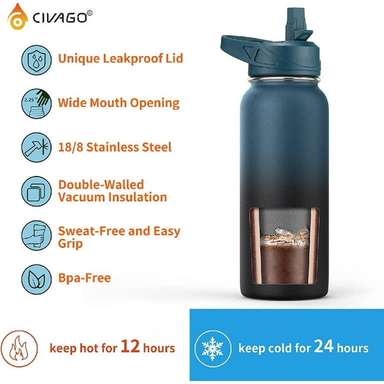BUZIO 40oz Water Bottle, Stainless Steel Insulated Water Flask with Straw  Lids, Canteen Metal Thermo Mug Hydro Cup Jug, Double Vacuum Hot Cold Water